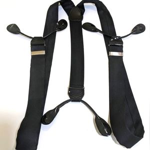 Men 100% Silk Black Y Back Suspender Leather Button Straps